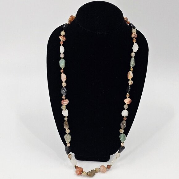 Artisan Jewelry - Vintage Semi Precious Gemstone Agate Necklace 35" Barrel Clasp Natural Stones
